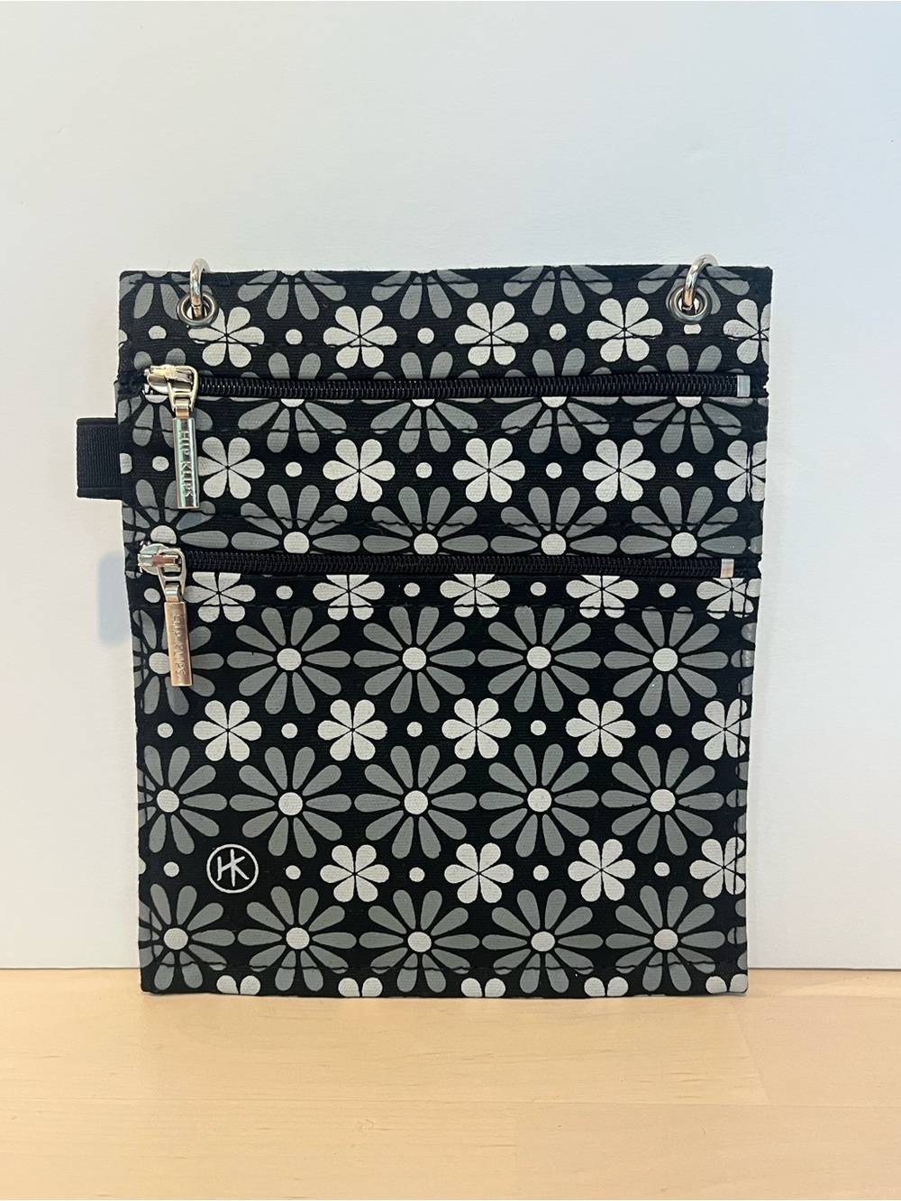 Hip Klips Black Gray White Daisy Floral Crossbody Organizer Bag